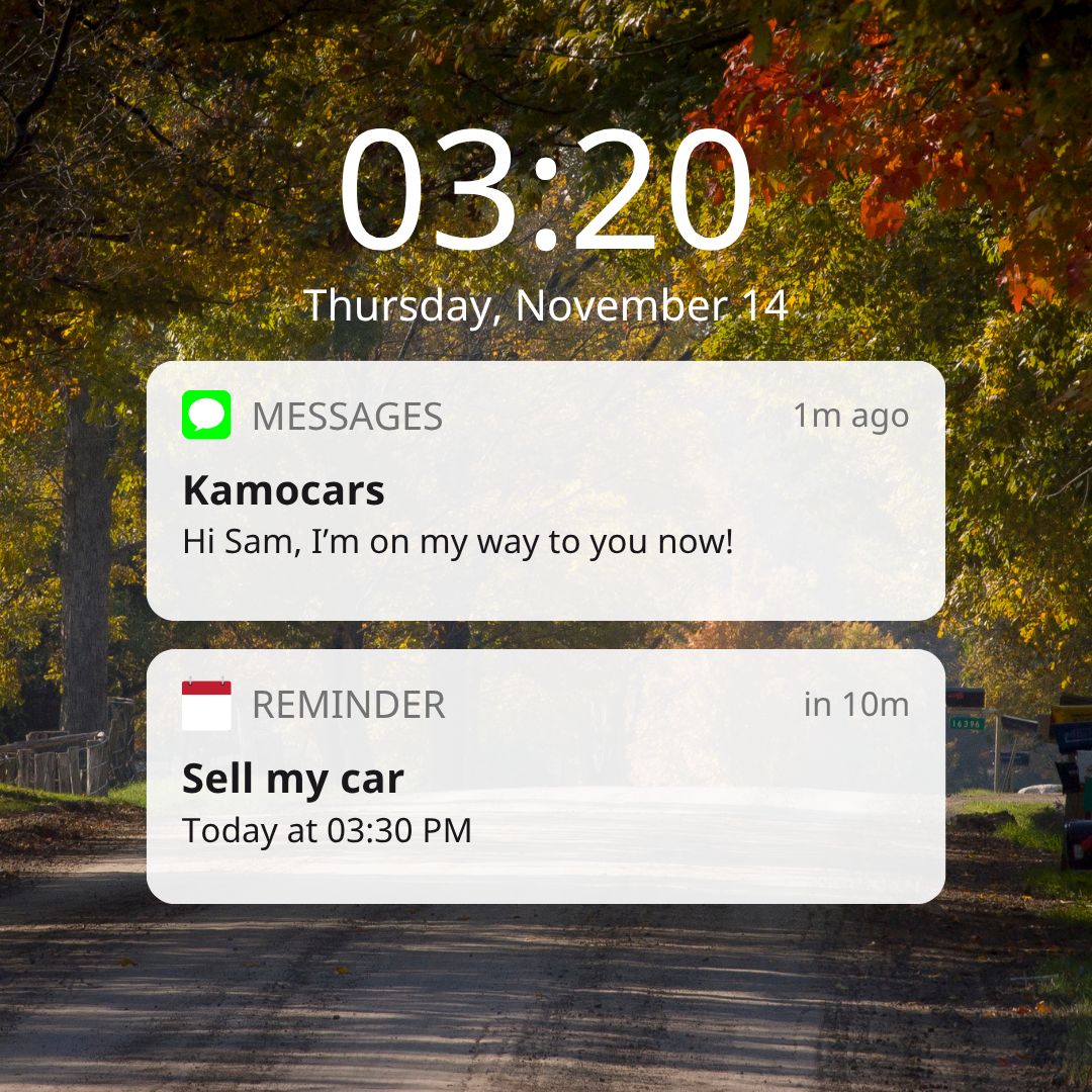 Phone lock screen showing a Kamocars text message: Hi Sam, I'm on my way to you now, with a reminder to sell my car