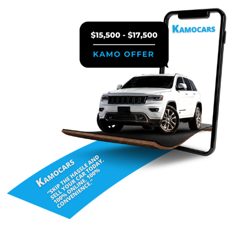 Kamocars instant cash offer example shown on a phone with a white Jeep Grand Cherokee